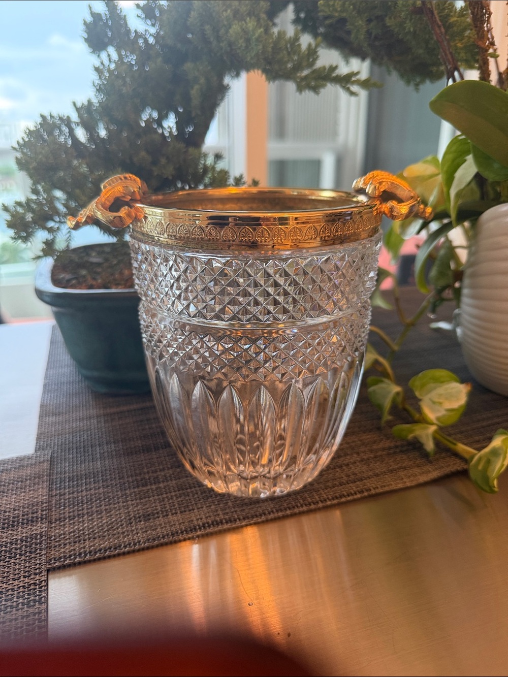 Glass Ice Bucket with Gold-Tone Rim and Decorative Handles
